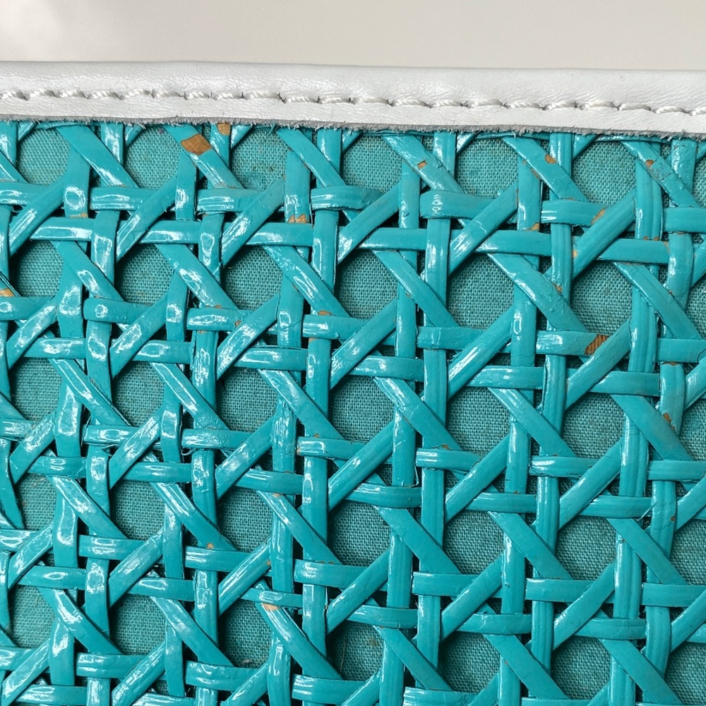 Inge Trapezoid Shoulder Bag Satchel in Turquoise Cane, White Trim, Linen Lining - Picture 9 of 15